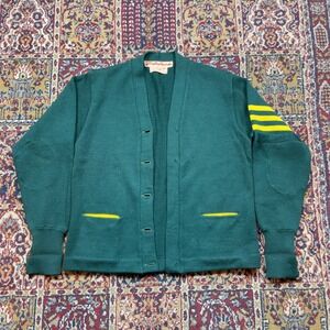 VTG 40s 50s Lasley Oregon Ducks Green Yellow Striped wool Varsity Cardigan M USA